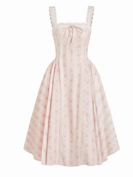 Cider Dresses & Skirts - Cider Soft Pink Floral Midi Dress with Bow
